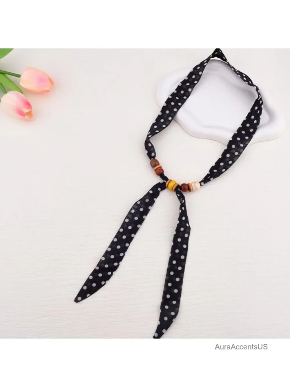 Vintage Polka Dot Scarf Necklace Choker with Charm, Silk Feel, Long Skinny